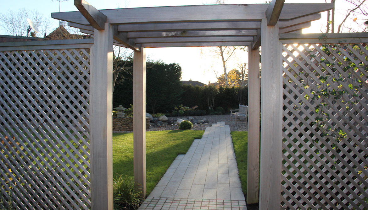 Pergola in Japanese inspired Garden in Hertfordshire
