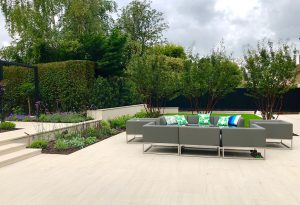 Generous patio in Hertfordshire garden design